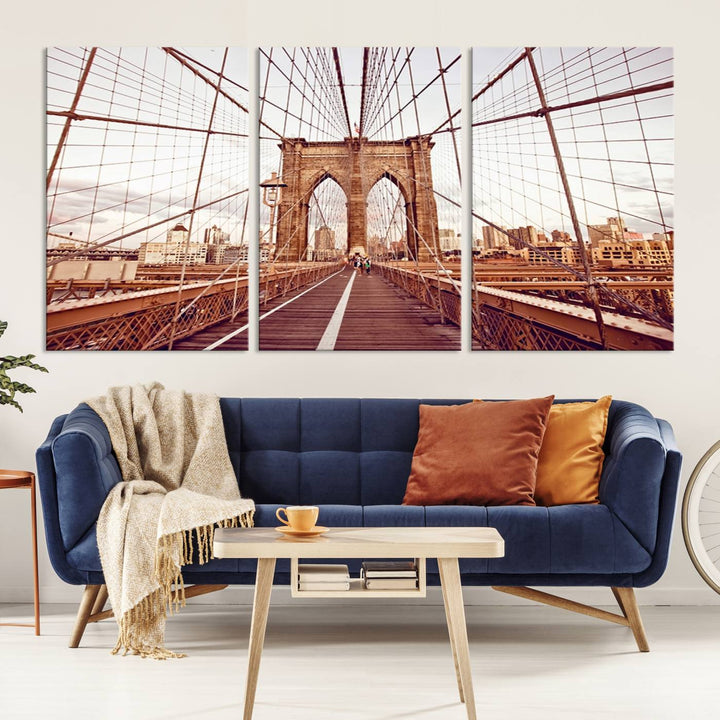 The three-panel "Wall Art New York Manhattan Cityscape Canvas Print" of the Brooklyn Bridge makes an ideal addition to minimalist interiors, capturing the essence of abstract expressionism.