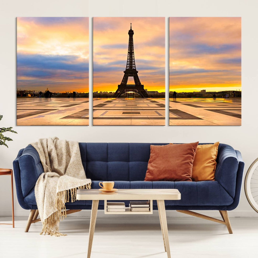 The "Paris Eiffel Tower Wall Art Canvas Prints" graces a wooden wall reminiscent of abstract expressionism.