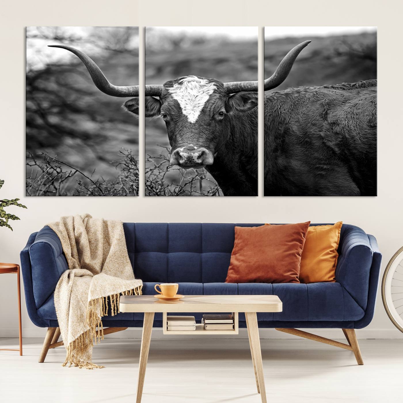 76200-MGV-CV-36X24-Western Home Wall Art Canvas Print, Framed Texas Longhorn Art Picture Print, Rustic Cow Perfect Rustic Farmhouse Decor Artwork