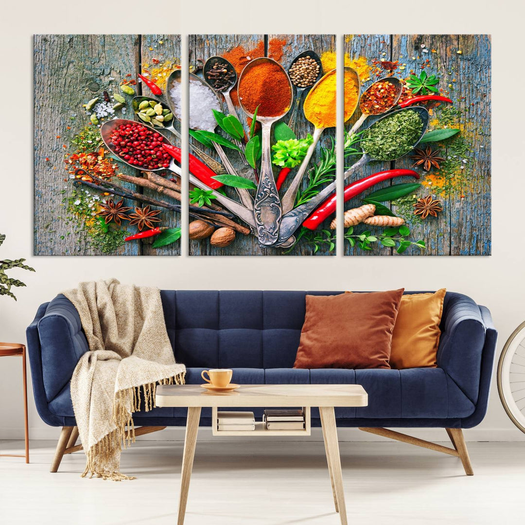 Vibrant Spoonful of Spices kitchen wall art canvas, a culinary triptych ideal for any dining room decor.