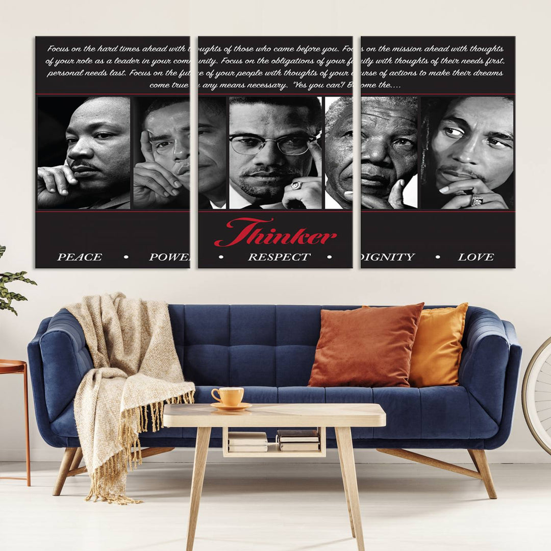 The wall art is a black and white piece featuring iconic figures accompanied by the words Thinker Peace Power Respect Dignity.