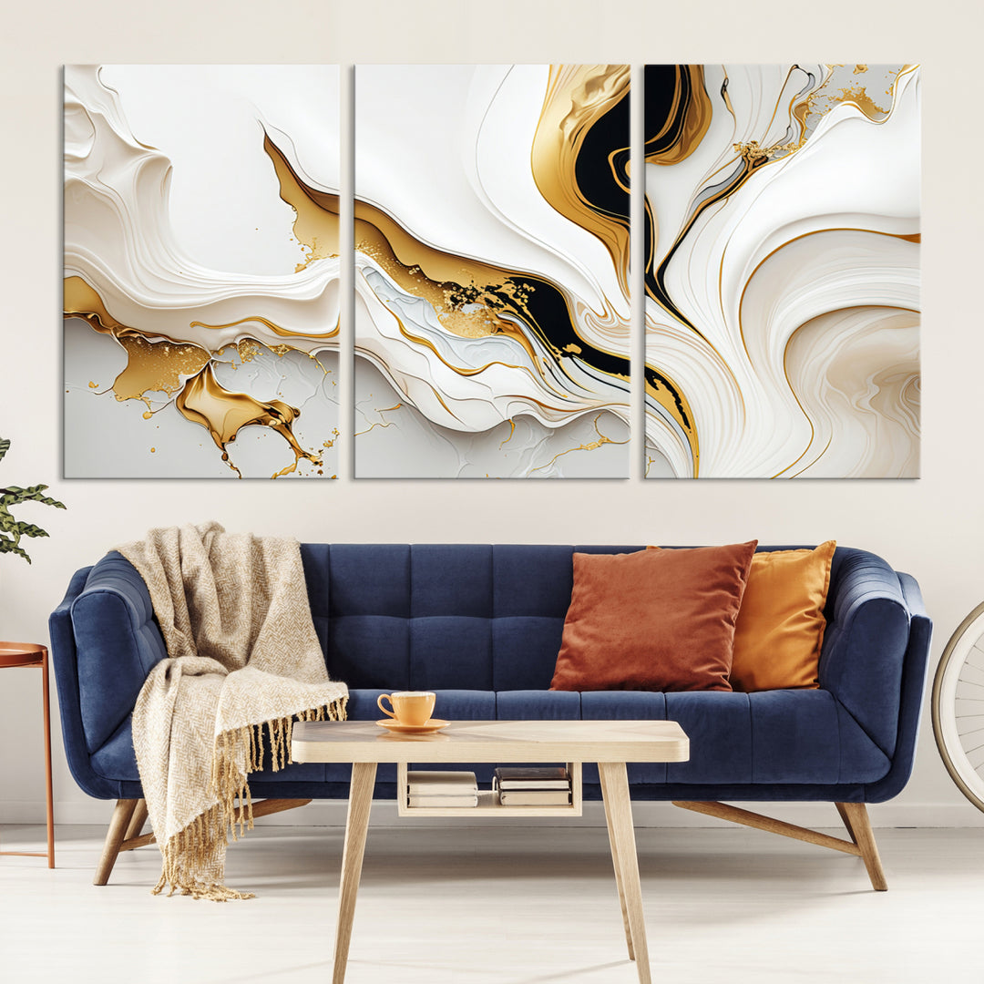 Modern interiors showcase Gold Waves on Pure White Canvas.