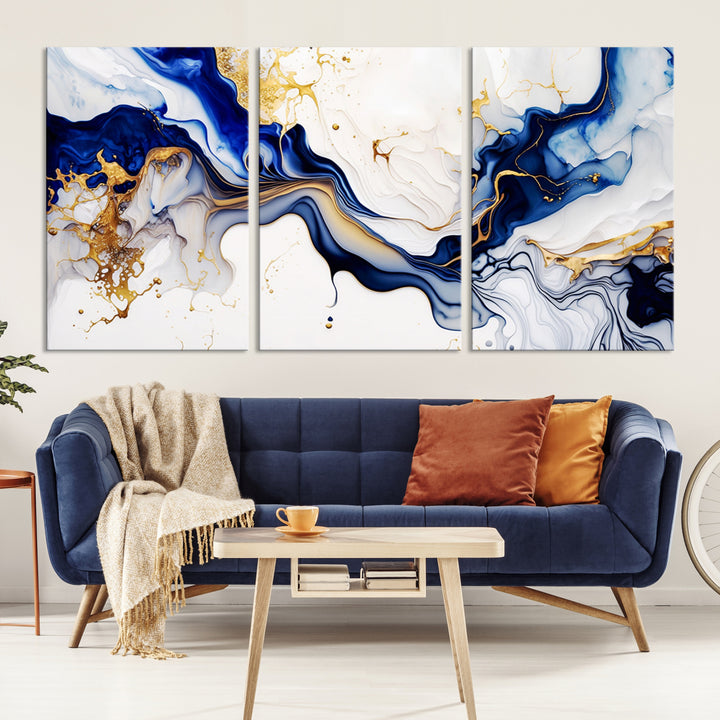 Golden Cascades on Midnight Blue wall art swirls above, featuring gold and white accents.