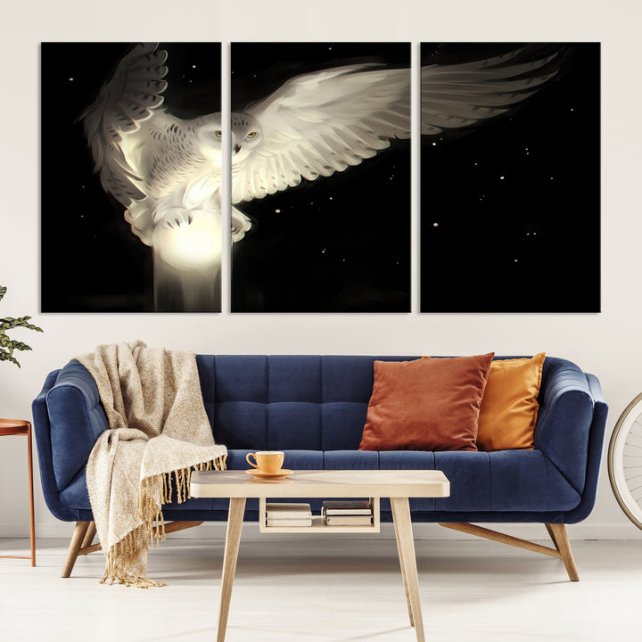 The Night Owl Art graces the wall with its depiction of a snowy owl on a glowing orb, perfect for modern decor.