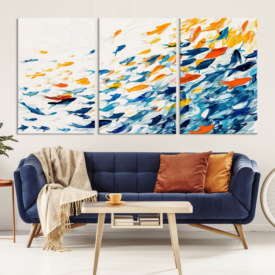 A colorful Abstract Fish Shoal Canvas Print hangs on the wall.