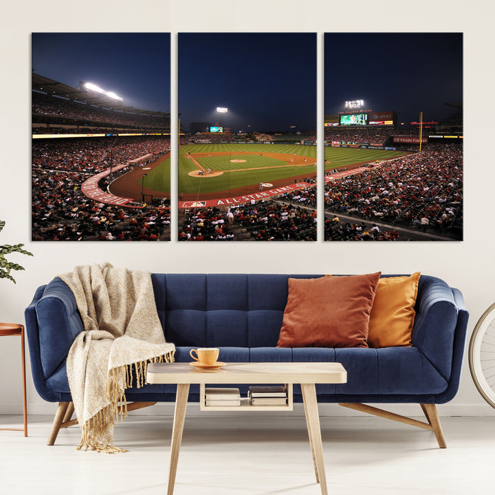 Aerial view of an LA Angels game at night, captured as stunning wall art on premium canvas, handmade in the USA.