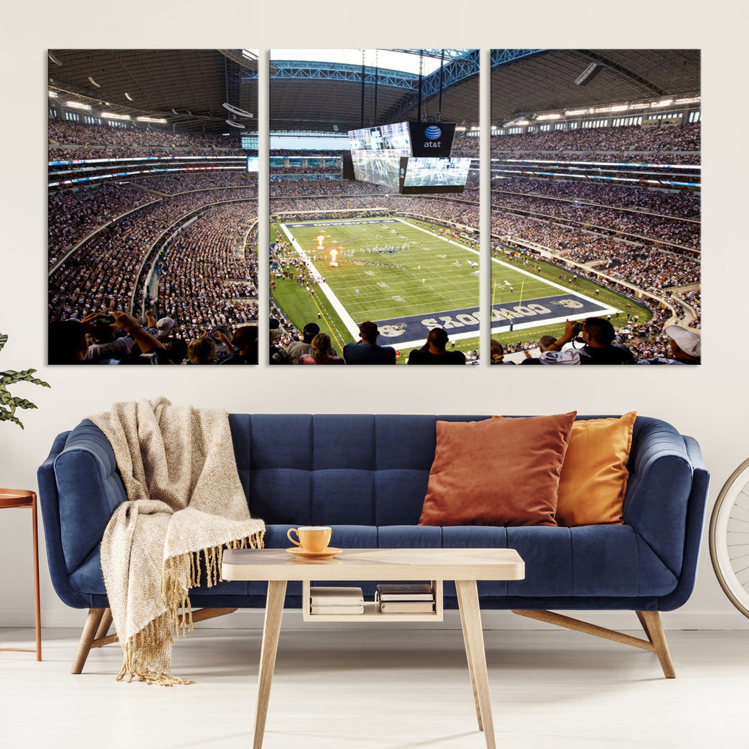 The wall art is a Dallas Cowboys AT&T Stadium Canvas Print, showcasing the iconic logo.