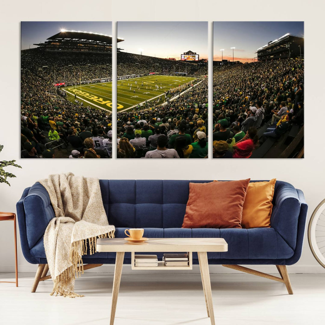 Autzen Stadium Evening Game Triple Canvas Wall Art - Oregon Ducks Football Match