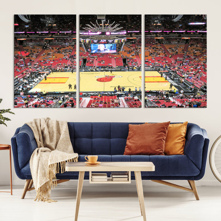 A Miami Heat Basketball Print showcases Kaseya Center Stadium Wall Art with a grand scoreboard.