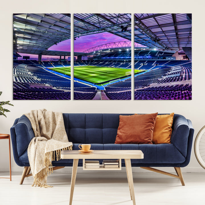 The FC Porto Soccer Team Dragon Stadium Wall Art Canvas Print decorates the room.