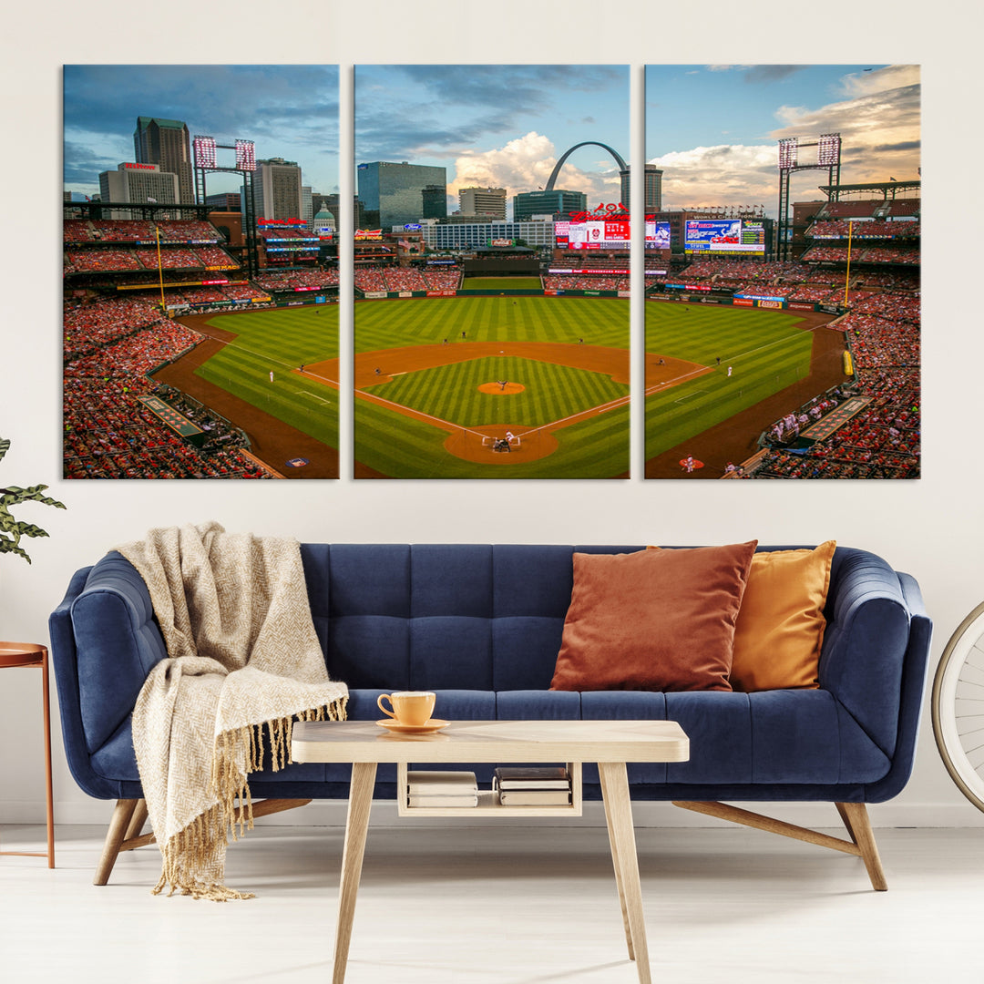 Canvas art of the St. Louis Cardinals Busch Stadium, capturing the citys skyline.