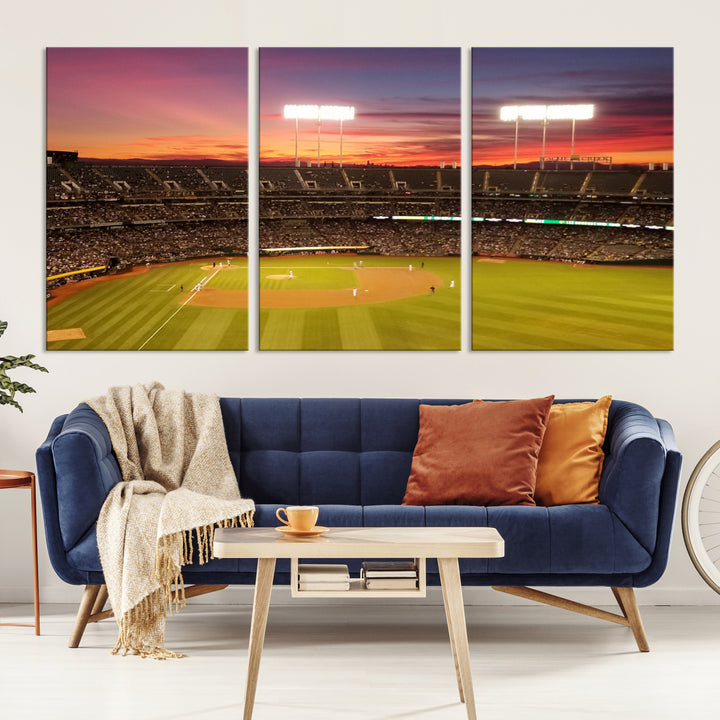 The Oakland Coliseum print is a museum-quality canvas depicting a full crowd and a sunset.