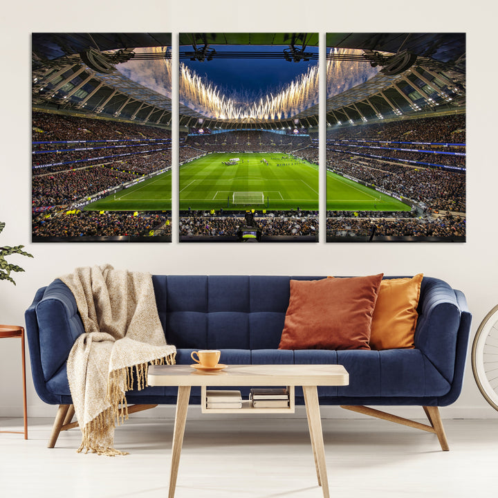 A stunning Tottenham Hotspur Stadium wall art captures the energy of a stadium packed with fans and vibrant lights.