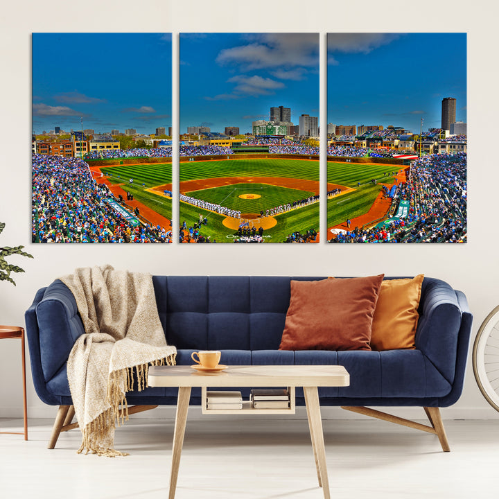 Wrigley Field Chicago Cubs Panoramic 3-Piece Canvas Wall Art - Iconic Baseball Stadium Print for Sports Lovers - Ready to Hang