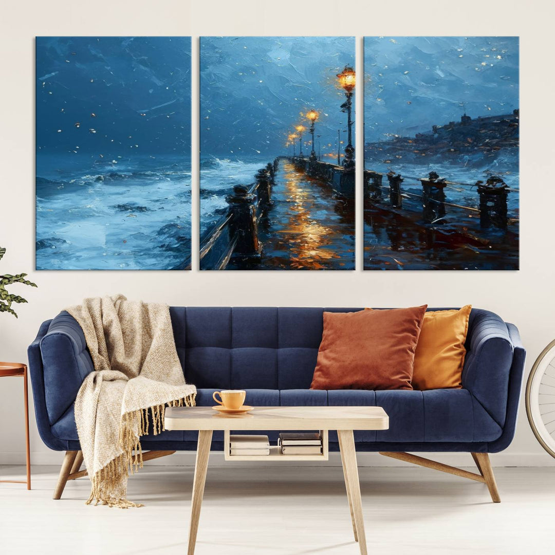 Framed 3-Panel Seaside Night Pier Oil Painting Canvas Wall Art | Ready to Hang Coastal Landscape Art for Modern Living Room, Office, or Bedroom Decor