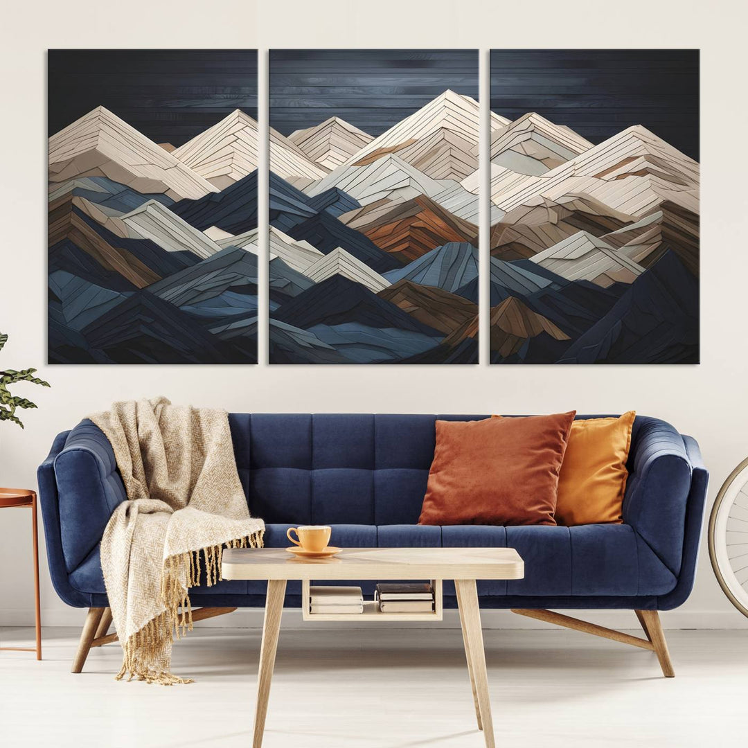 Wood Style Mountain Range Wall Art - Ready to Hang 3-Piece Set for Modern Rustic Decor, Abstract Wooden Design for Living Rooms, Bedrooms & Offices