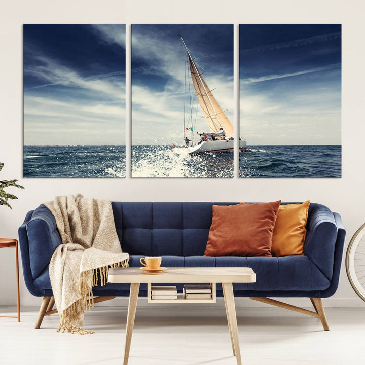 Sailboat Ocean Beach Blue Sky Wall Art Canvas Print