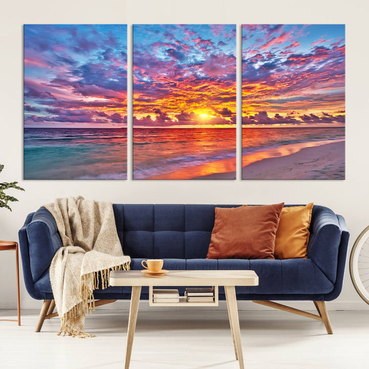 Vibrant Sunset Beach Wall Art | Ocean Sunset Canvas Print | Coastal Wall Art Decor | Ready to Hang | Stunning Sunset Scene for Home or Office Decor