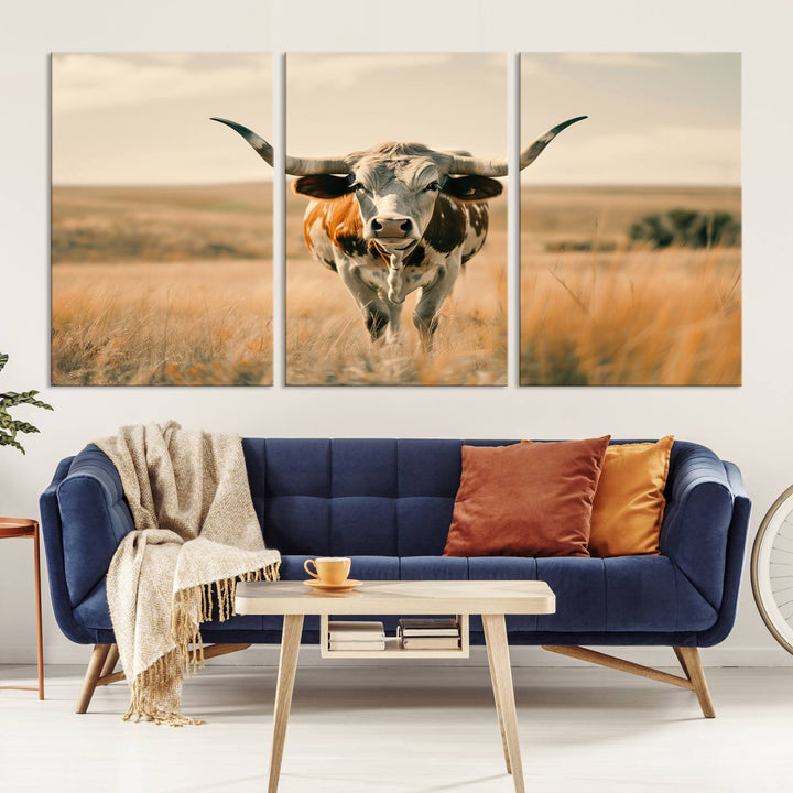 The Texas Cow Longhorn Wall Art Canvas adds rustic charm to the decor.