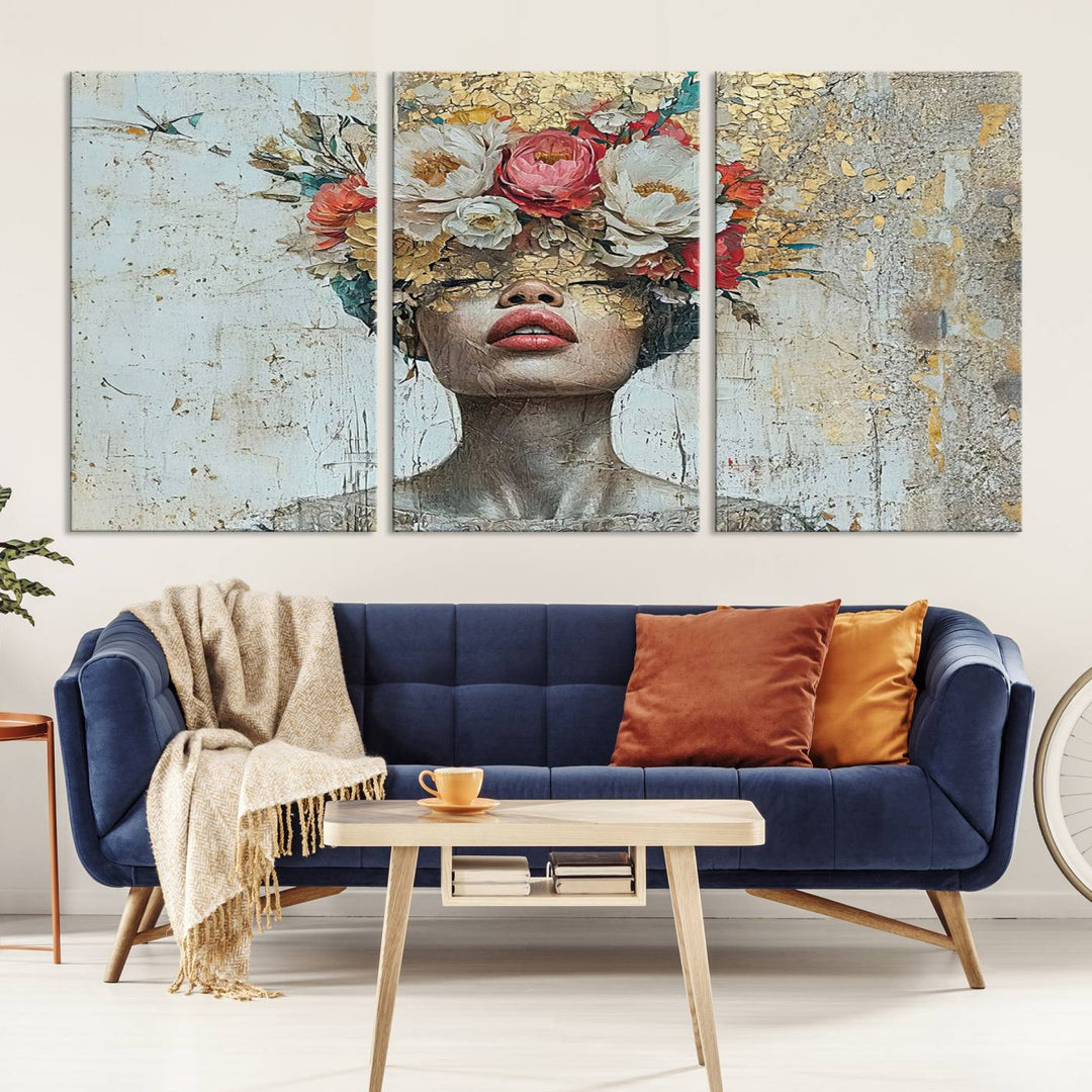 A triptych of the Golden Petal Silhouette Woman Wall Art Canvas Print showcases an abstract portrait featuring a woman adorned with flowers on her head.