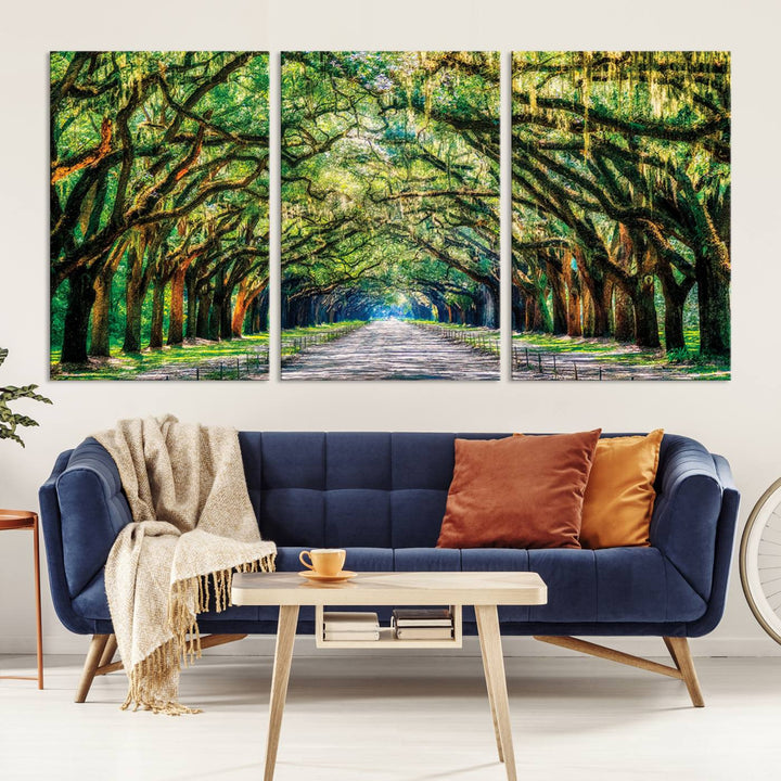 Serene Tree Tunnel Wall Art Canvas Print – Pathway Under Canopy of Lush Green Trees, Nature-Inspired Decor for Living Room – Ready to Hang