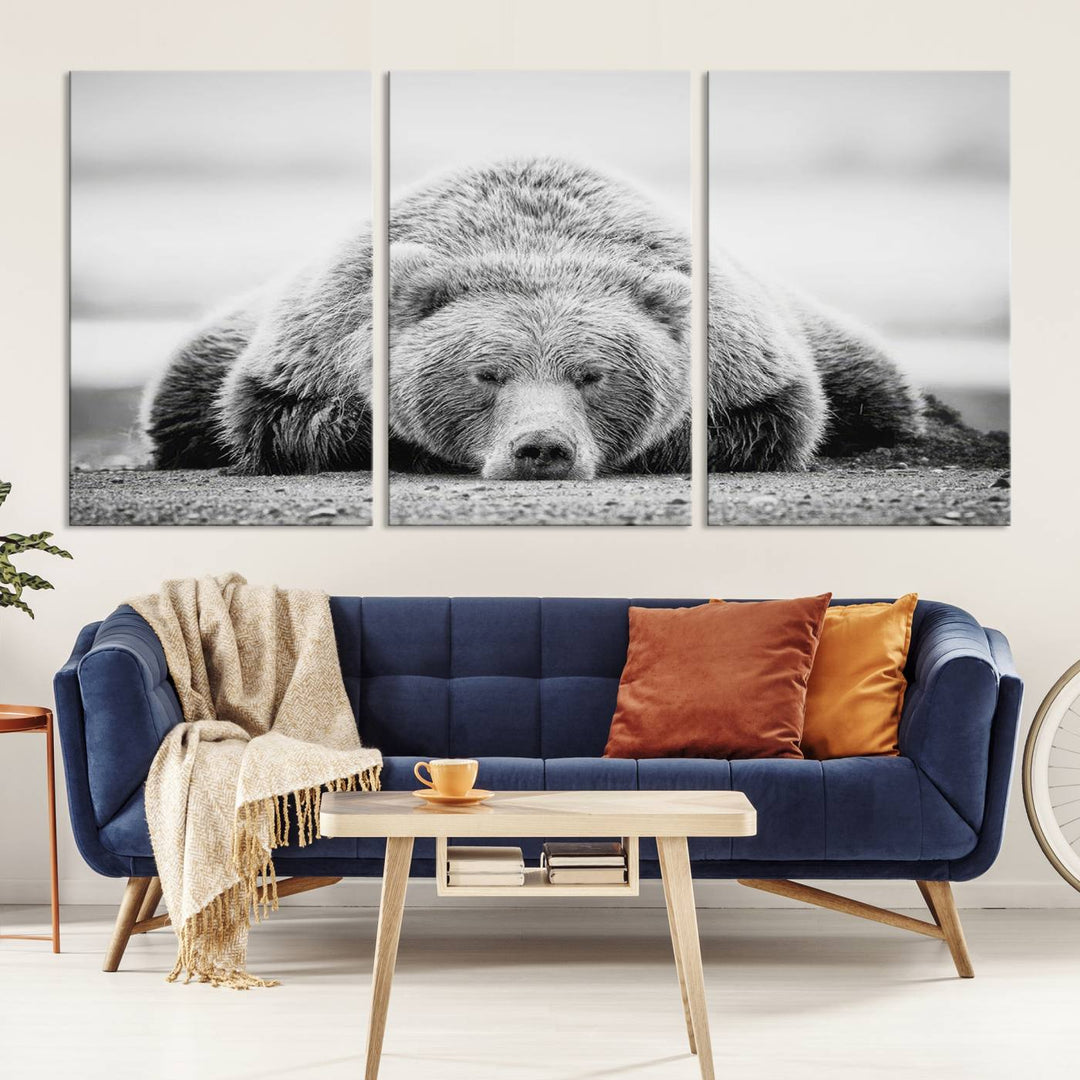 Resting Bear Wall Art Canvas Print – Majestic Lazy Black and White Wildlife Bear Art, Perfect for Nature-Inspired Home Decor – Ready to Hang