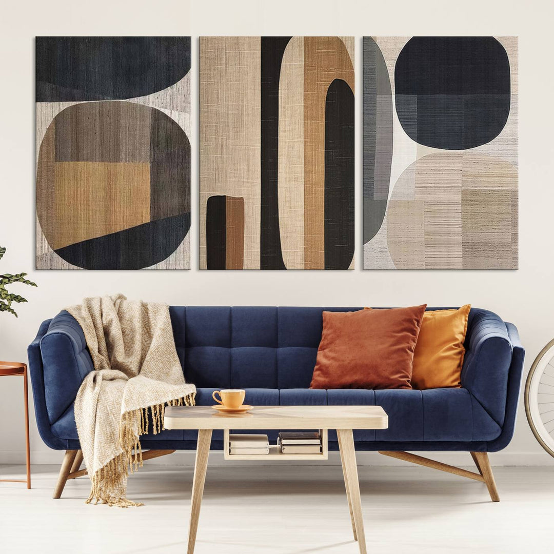 A stylish living room exuding modern elegance features the Abstract Minimalist Canvas Wall Art in a neutral geometric design.