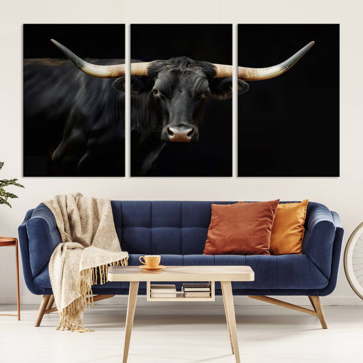 Texas Longhorn Cow | Majestic Black Bull Wall Art Canvas Print - Farmhouse Animal Decor - Ready to Hang