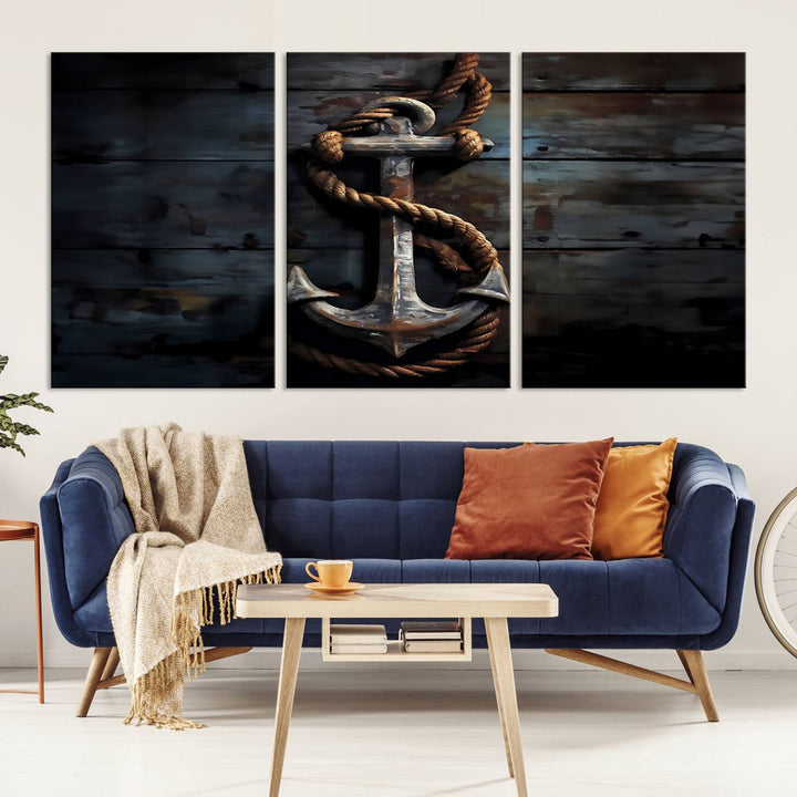 A "3 Panel Grunge Abstract Anchor Wall Art Canvas Print Set" adorns the wall, showcasing an anchor wrapped with rope. This museum-quality canvas boasts high-resolution printing and is professionally hand-assembled, elevating any space with elegance and artistic flair.