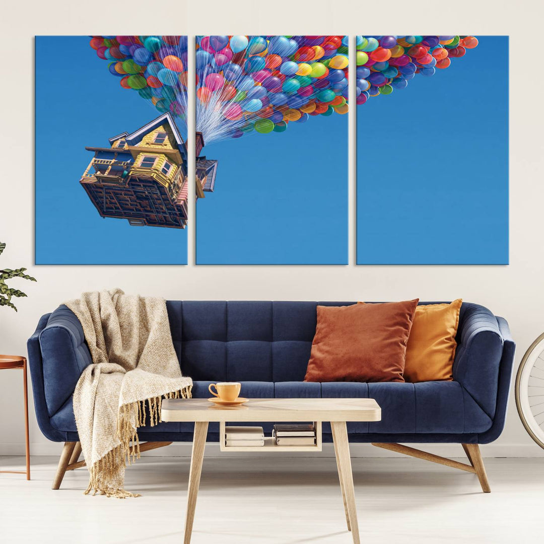 The "Carl Fredricksen, Up Movie Wall Art" features a three-panel design with a house lifted by colorful balloons, adding whimsical decor to any space.