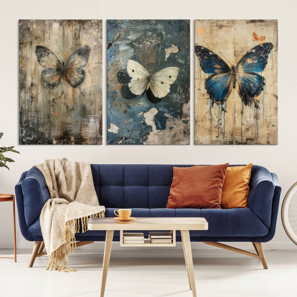 Butterfly Wall Art Trio canvas print displayed prominently.