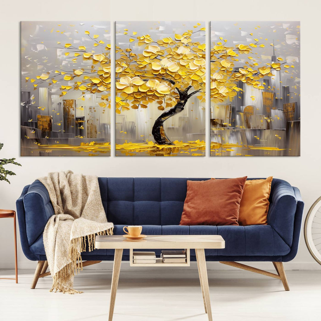 A framed canvas print from the "Golden Tree Canvas Print | Abstract Wall Art for Modern Homes | Ready to Hang Framed Artwork" collection hangs elegantly against the dark wall, epitomizing exquisite abstract wall art.