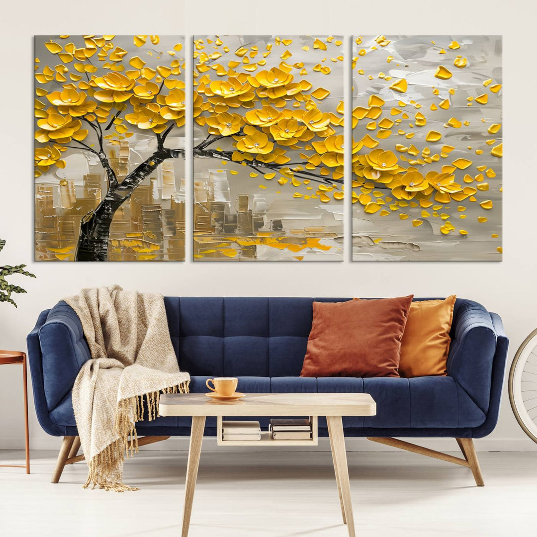 The living room showcases a Yellow Blossom Tree Canvas Wall Art, modern and floral.