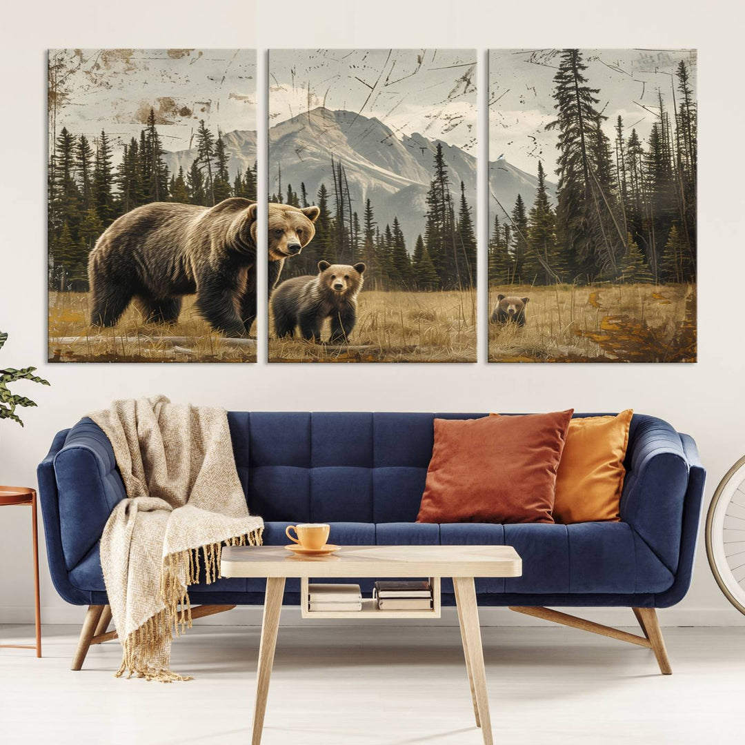 Rustic Grizzly 399: Bear Family Wall Art Canvas Print.