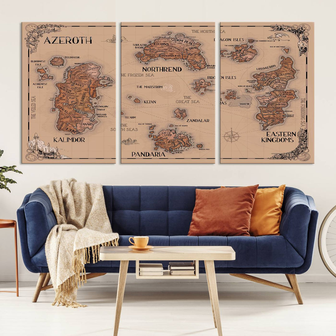 The Vintage Azeroth World Map Canvas Print, a stunning three-piece set, enhances the space with its vintage charm, perfectly complementing your gaming decor.