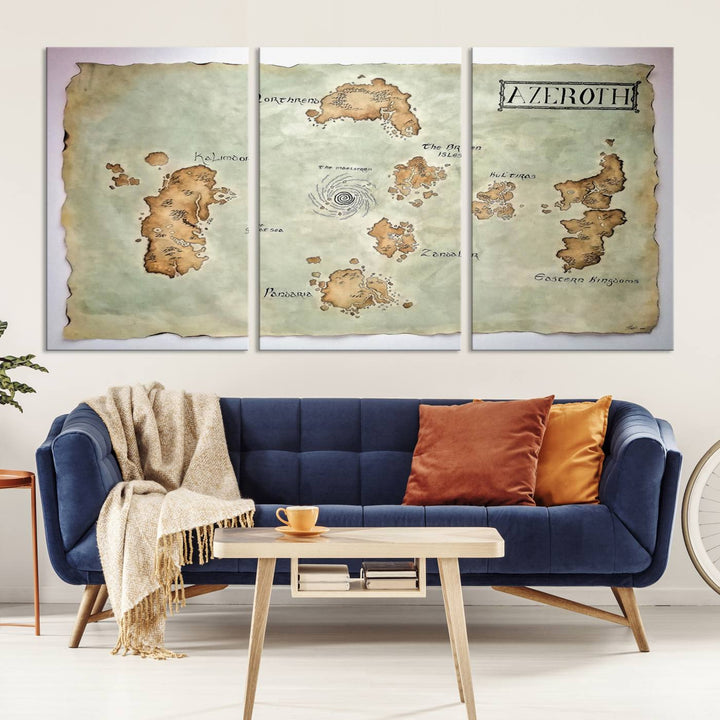 The Azeroth World Map Wall Art Canvas Print, a three-panel vintage piece, brings a cozy fantasy gaming atmosphere to the room.