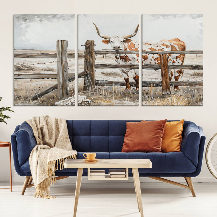 The Abstract Longhorn Cow Wall Art, a ready-to-hang framed canvas print, adds rustic charm and perfectly captures the essence of rural elegance.