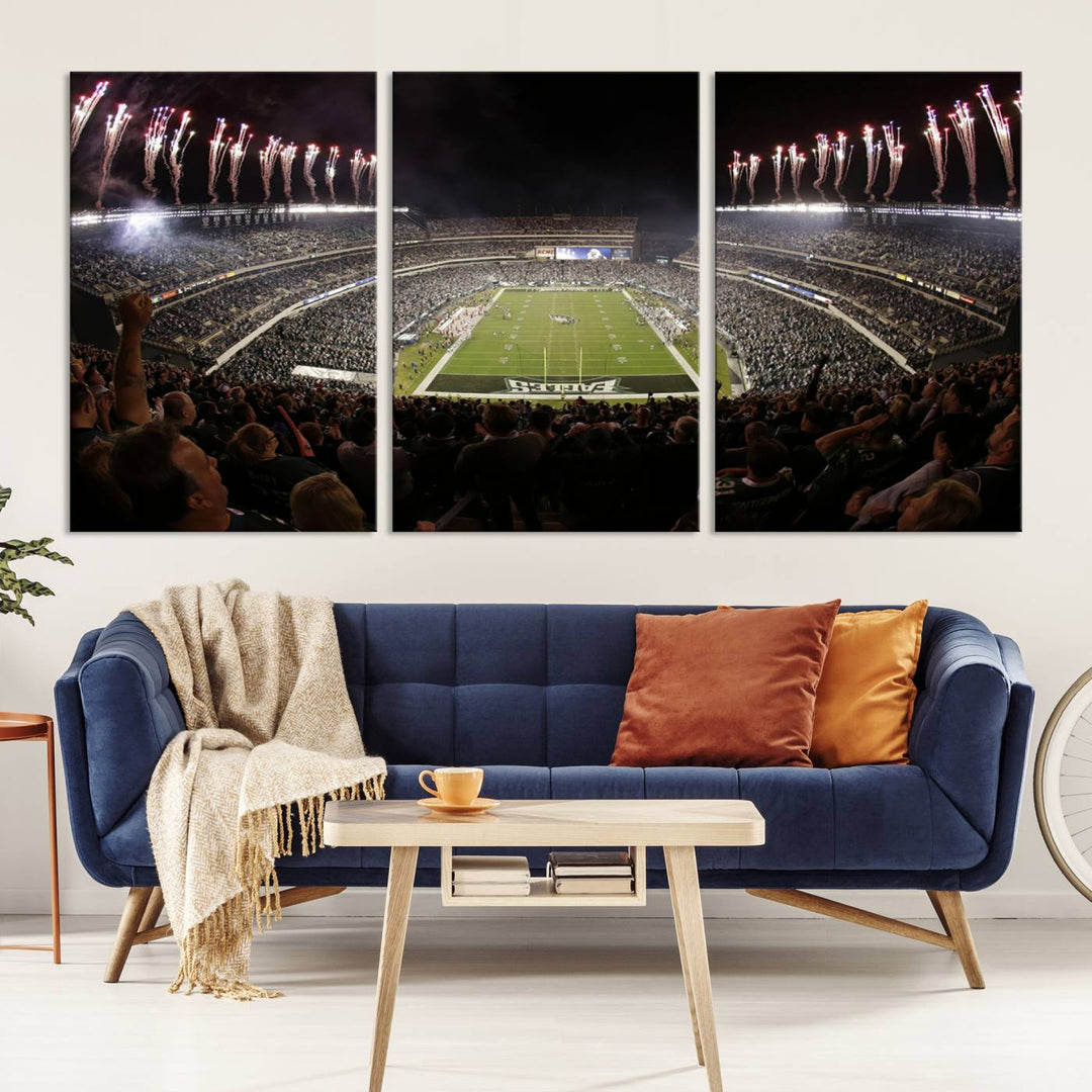 The living room features a spectacular Philadelphia Eagles Football Team Print. This wall art canvas print of Lincoln Financial Field at night captures a Philadelphia Eagles game under the dazzling brilliance of fireworks, making it an eye-catching centerpiece.