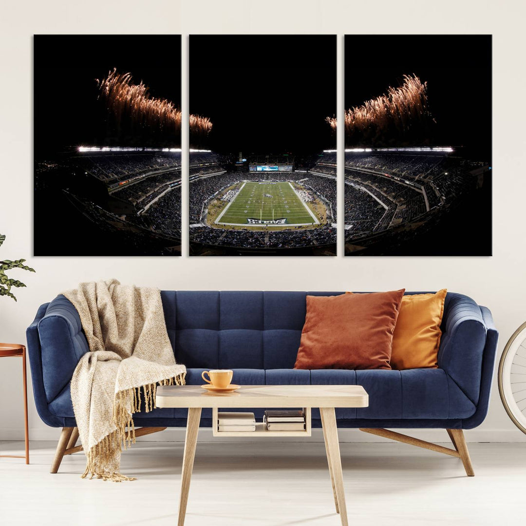 A stunning triptych wall art featuring the Philadelphia Eagles Football Team Print, capturing Lincoln Financial Field with spectacular fireworks.