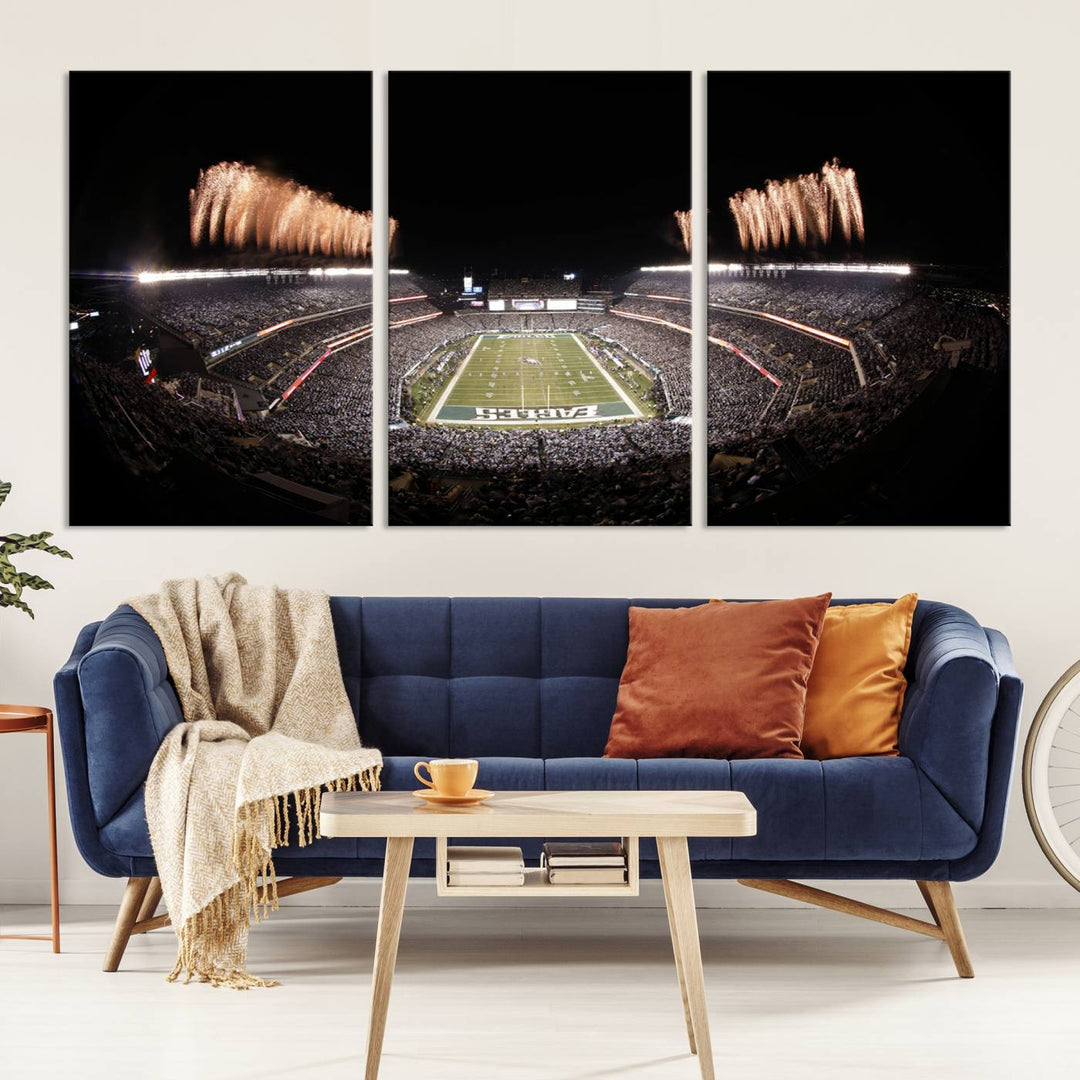 Experience the breathtaking Lincoln Financial Field Fireworks Game captured in this triple canvas wall art. A must-have for any Philadelphia Eagles fan!