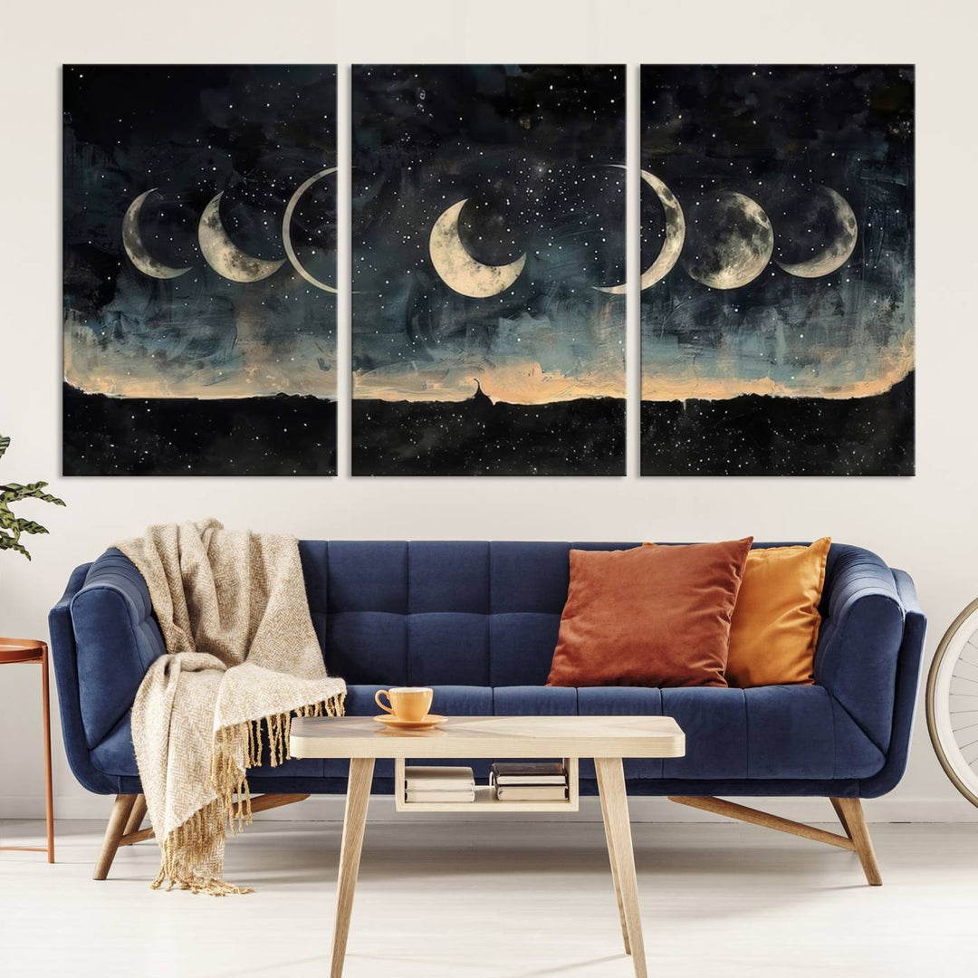 The "Phases of the Moon Wall Art," a framed canvas series capturing the celestial beauty of lunar cycles against a starry night, adds an elegant touch to the contemporary dining room.