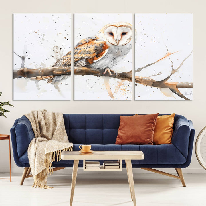 Introduce the tranquility of nature into your home with this stunning canvas print, featuring a Barn Owl on a branch. This triptych wall art, ready to hang and elegantly framed, is perfect for nature lovers seeking serene decor pieces.