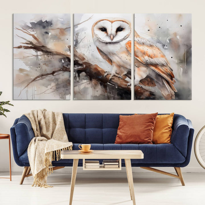 The Barn Owl Wall Art, a watercolor canvas print, elegantly adorns the wall in a modern living room, seamlessly merging farmhouse wall decor with contemporary style.