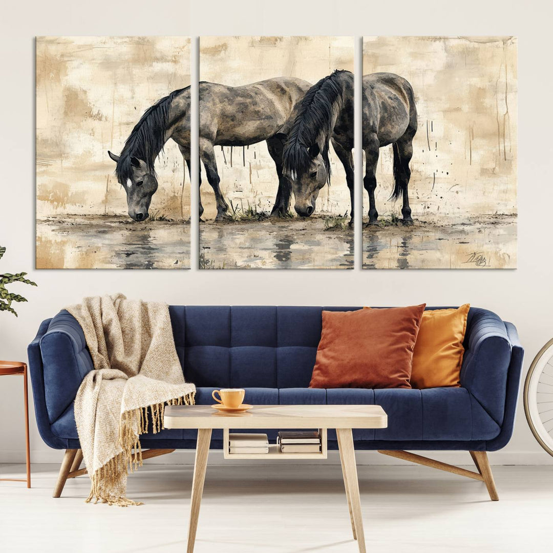 Chines Ink Style Black Horses Wall Art Canvas Print features a triptych painting of two horses drinking at the water's edge.