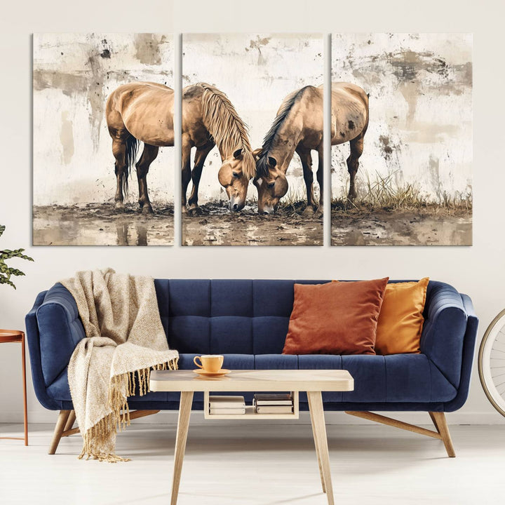 The Vintage Horses Wall Art, a ready-to-hang and framed triptych, beautifully captures two horses gracefully grazing. It perfectly complements the rustic charm of western farmhouse wall decor.