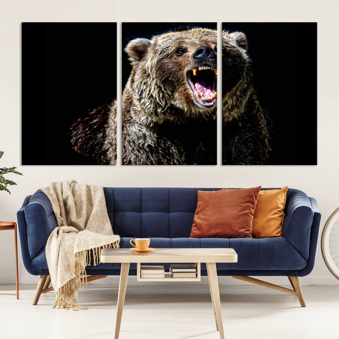 The Grizzly Bear Canvas Print, featuring wildlife wall art on a black background, is ready to hang and is perfect for rustic cabin decor.