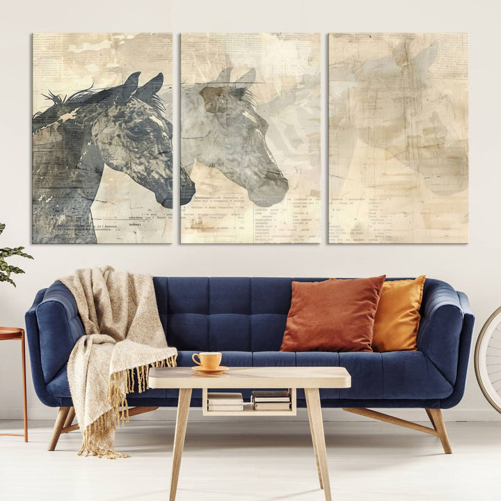 The Abstract Horse Canvas Print, part of the Modern Farmhouse Wall Art collection and ready to hang with its framed design, enhances the decor when displayed as a three-panel set on a dark wall.