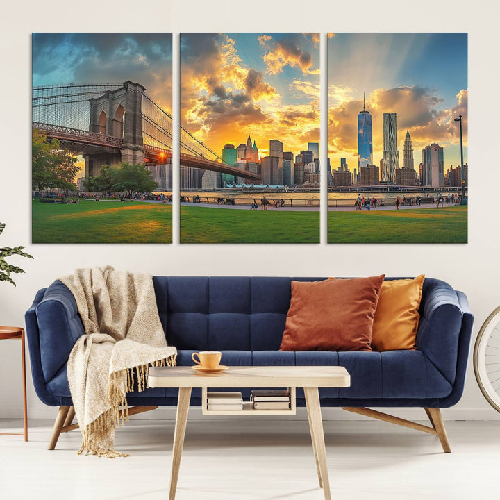 The "Brooklyn Bridge New York Skyline Wall Art" is a ready-to-hang framed canvas print that beautifully captures the cityscape at sunset, showcasing the iconic Brooklyn Bridge and majestic skyscrapers.