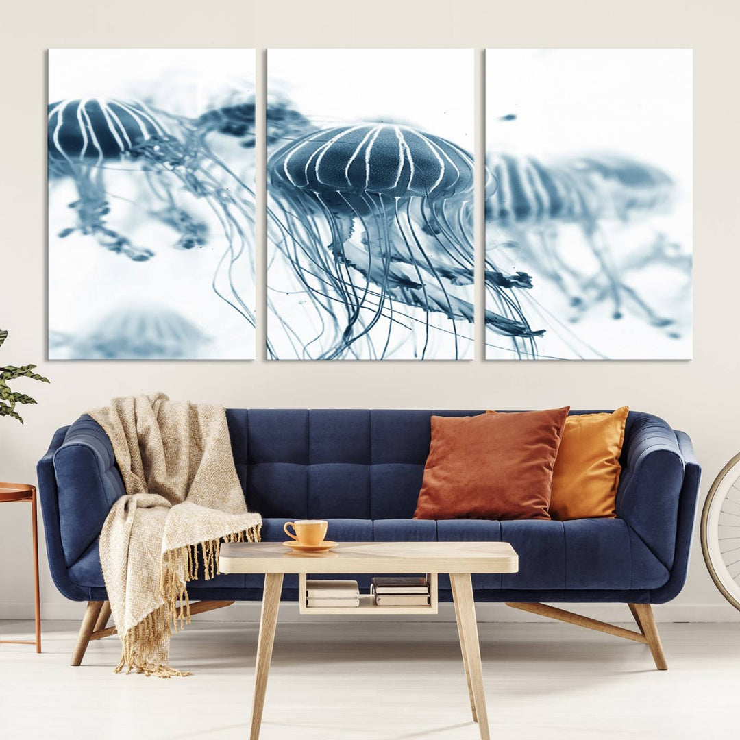 The Abstract Jellyfish Wall Art Canvas Print, a three-panel piece featuring high-resolution printing, hangs elegantly in the room, adding vibrant detail to the space.