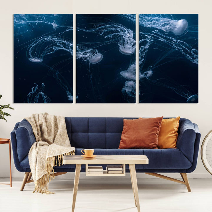 Room with modern decor, featuring the Abstract Jellyfish in Ocean Wall Art Canvas Print on museum-quality canvas.